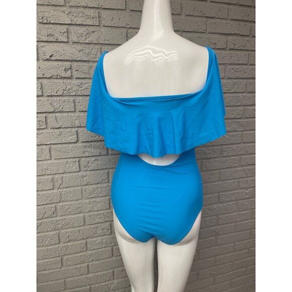 Tempt Me Women Blue Lace Up Ruffled Off Shoulder Flounce One Piece Swimsuit Size - Picture 6 of 10